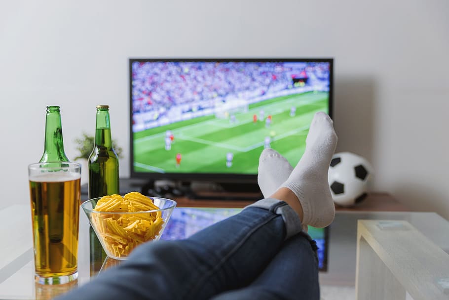 watching, soccer, match, tv, feet, table., team sport, sport, human body part, television set