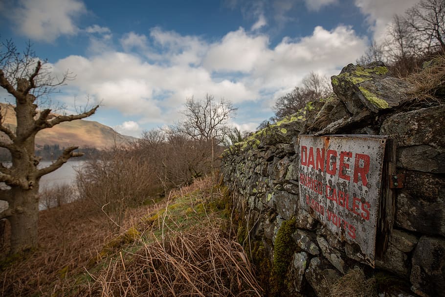 danger, sign, abandoned, building, nature, landscape, tree, clouds, wall, brick