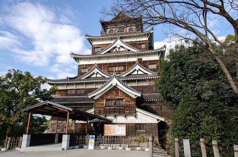 Hiroshima, castillo, torre, Japón, diseño, madera, arquitectura, cultura, historia, histórico