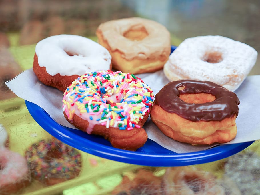 five, colorful, donuts, sitting, plate., bakery, blue, breakfast, calories, chocolate