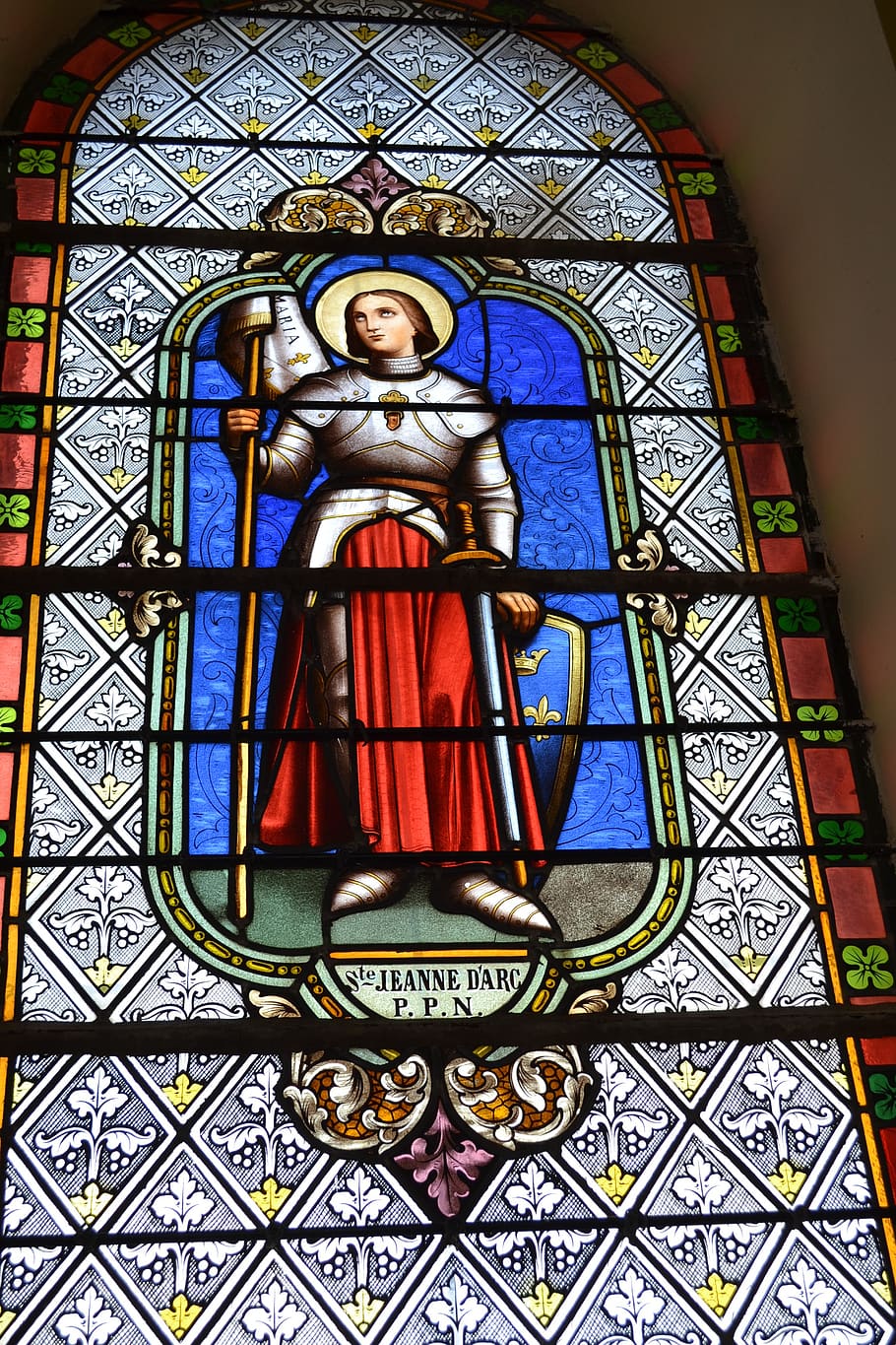 stained glass, colorful, woman, warrior, young, armor, portrait, joan of arc, religion, belief