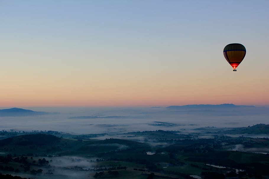 globo, globo de aire caliente, aventura, cielo, viaje, niebla, amanecer, vehículo aéreo, globo aerostático, paisajes: naturaleza