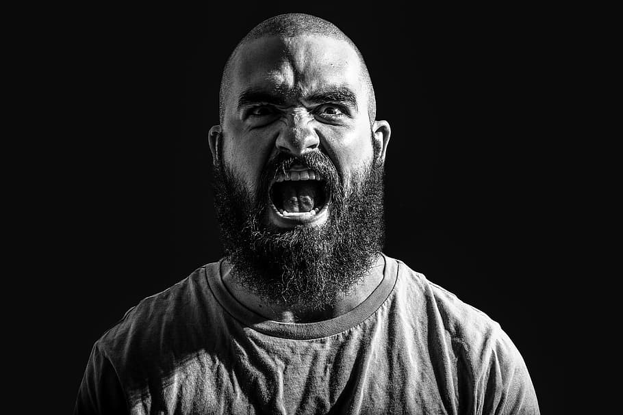 angry man, people, anger, angry, bald, beard, black and White, male, man, portrait