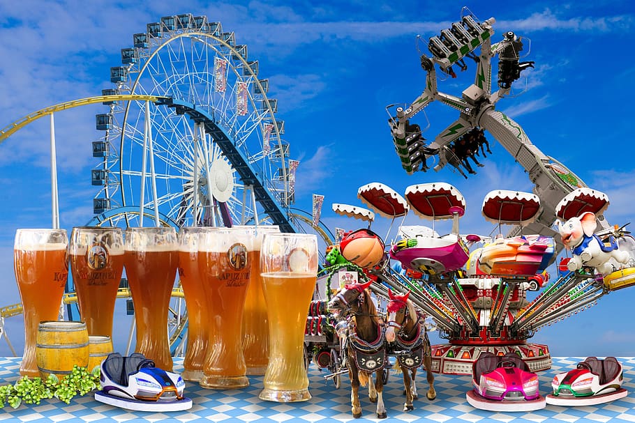 oktoberfest, dedication, celebrate, carousel, roller coaster, beer, drink, hops, beer keg, barrel