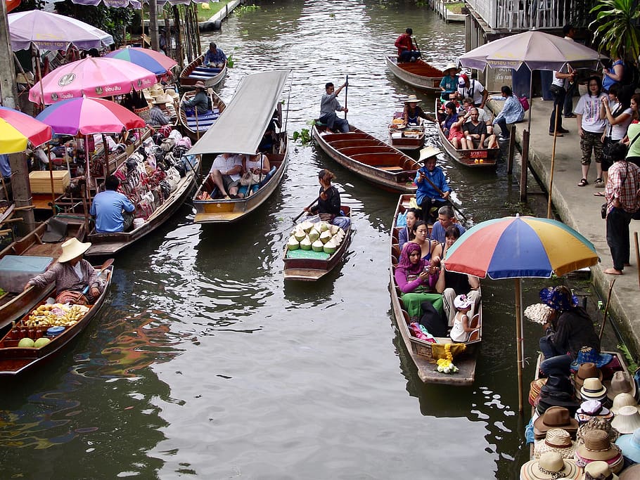thailand, pasar terapung, perahu, air, sungai, makanan, perjalanan, pasar, orang, penjual
