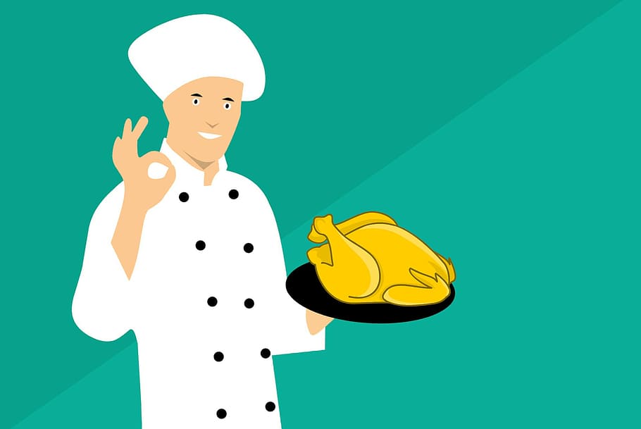 chef, holding, chicken, flashing, okay, sign., cooking, meat, delicious, uniform