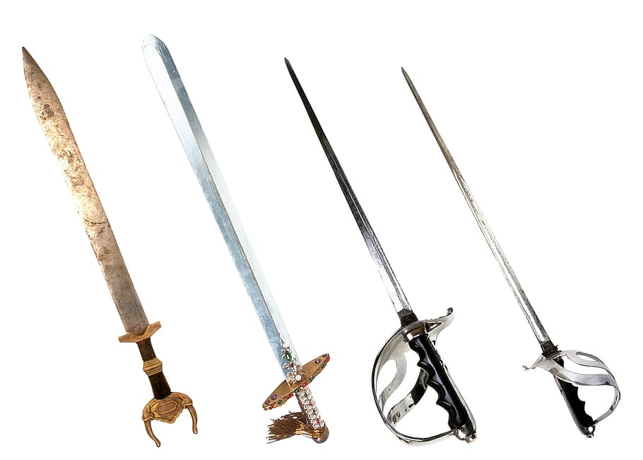 sword, four, object, sharp, metal, white background, studio shot, cut out, variation, still life