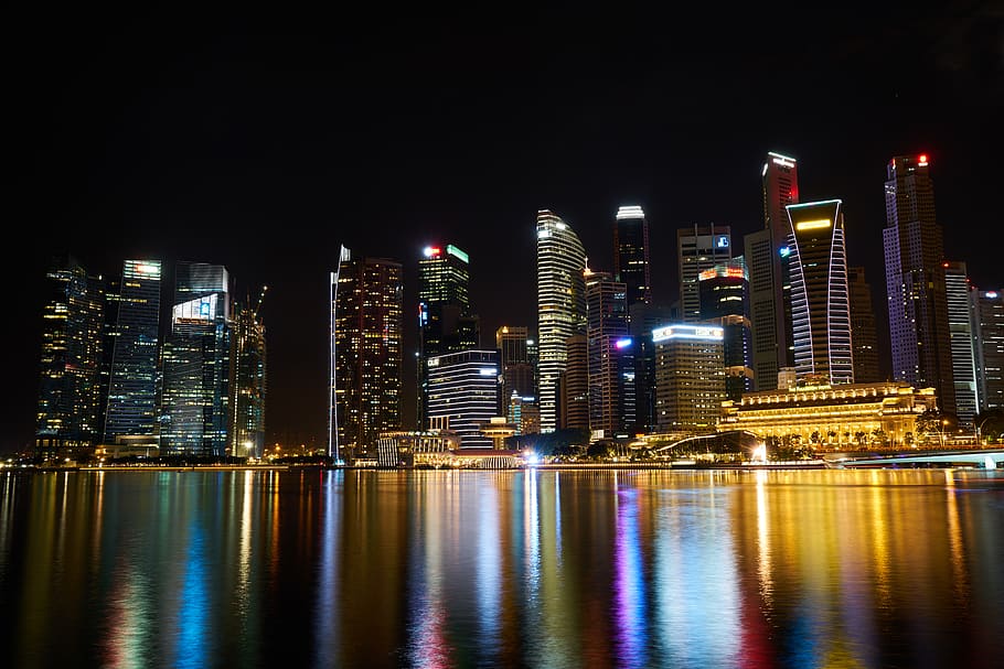 Singapur, rascacielos, noche, ciudad, arquitectura, edificio, urbano, el trabajo, torre, luces