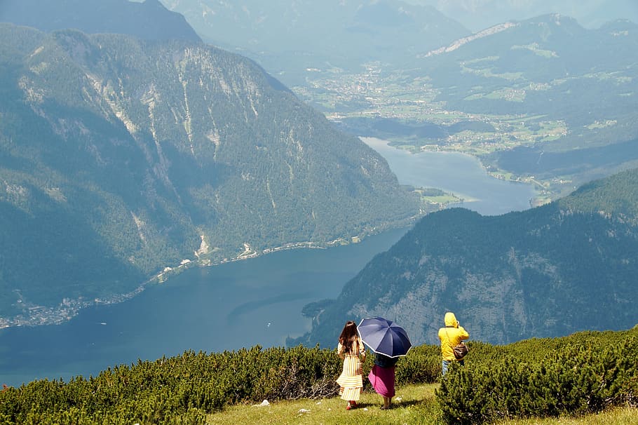 hallstatt, lake, austria, mountains, alpine, view from a height, mountain, panorama, summer, alps