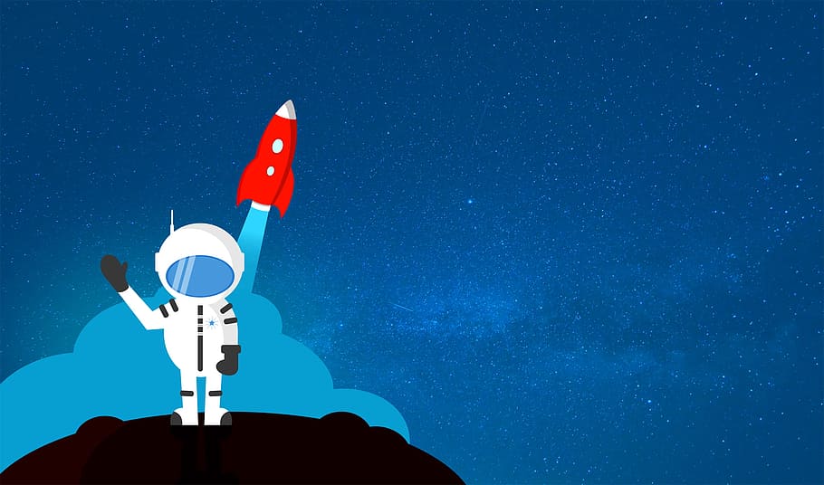 cartoon astronaut, waving, goodbye, -, copyspace, astronaut, cartoon, earth, exploration, moon