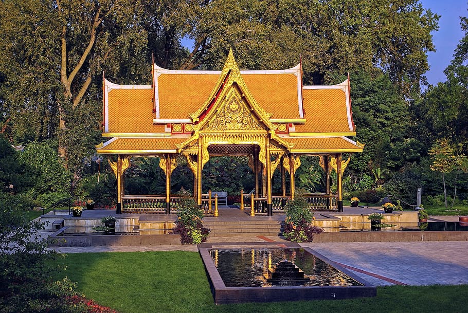 pavilhão tailandês em olbrich, olbrich, botânico, jardins, madison, wisconsin, tailandês, pavilhão, ouro, tailândia