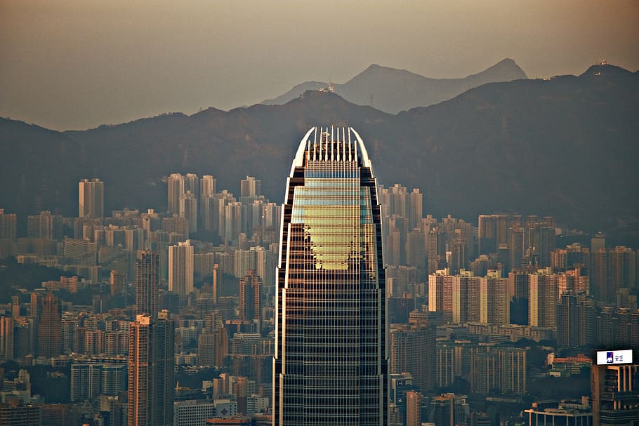 Hong Kong, ciudad, arquitectura, atardecer, tarde, montaña, paisaje, exterior del edificio, exterior del edificio de oficinas, estructura construida