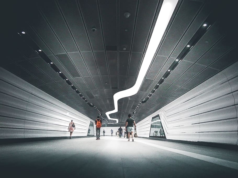 architecture, building, infrastructure, people, walking, floor, lights, tunnel, group of people, real people