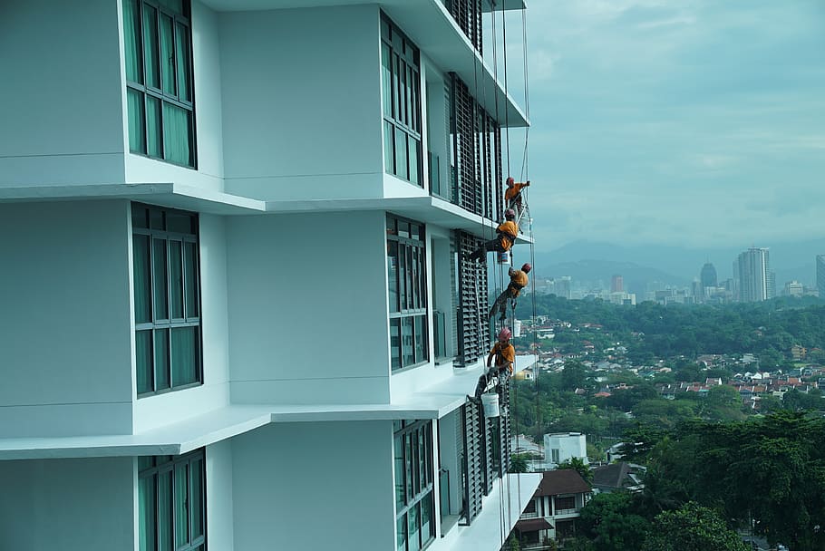 building maintenance, job in the air, safety first, painting facade, brave workers, skyscraper homes, building exterior, architecture, built structure, building