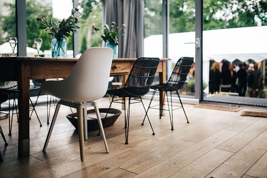 moderno, interior, mesa de comedor, sillas, diseño de interiores, sala, hogar, mesa, madera, casa