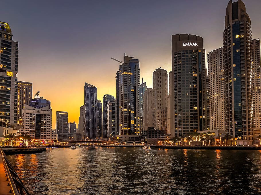 Dubai, ensenada, agua, arquitectura, puerto, cielo, horizonte, barco, edificio, isla