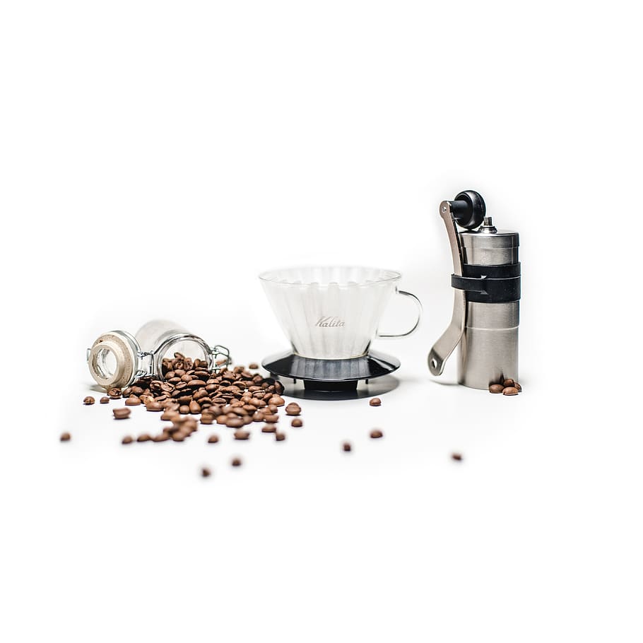 coffee bean, spill, jar, cup, percolate, grinder, drink, food and drink, food, white background
