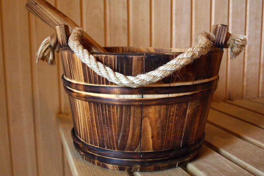 sauna bucket, various, bucket, relax, sauna, water, wood, wood - material, container, indoors