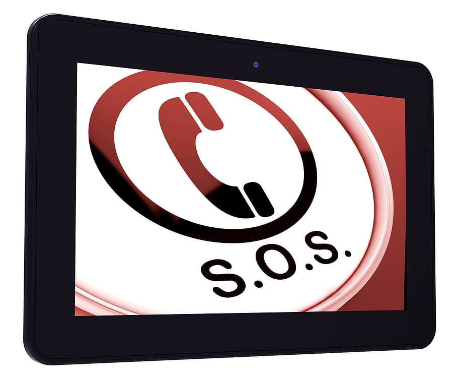 tableta sos, mostrando, llamada, urgente, ayuda, S.O.S., SOS, consejos, respuestas, asistencia
