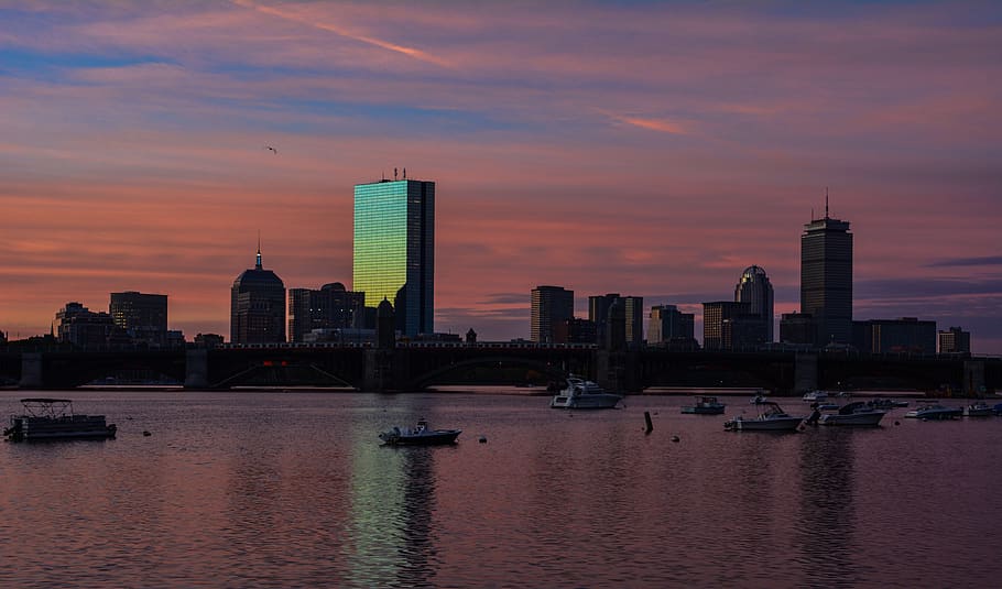ciudad, edificio, río, crepúsculo, urbano, reflexión, boston, massachusetts, estados unidos, arquitectura