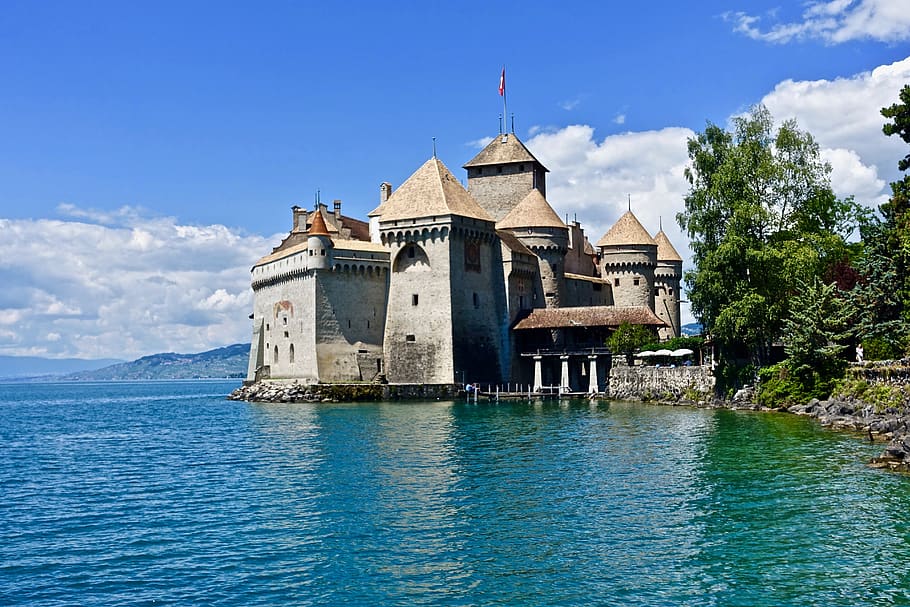 castle, chillon, switzerland, architecture, travel, water, sky, outdoors, scenic, built structure