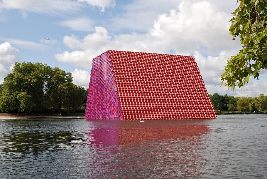 london, england, park, lake, water, artwork, oil drums, red, blue, christo