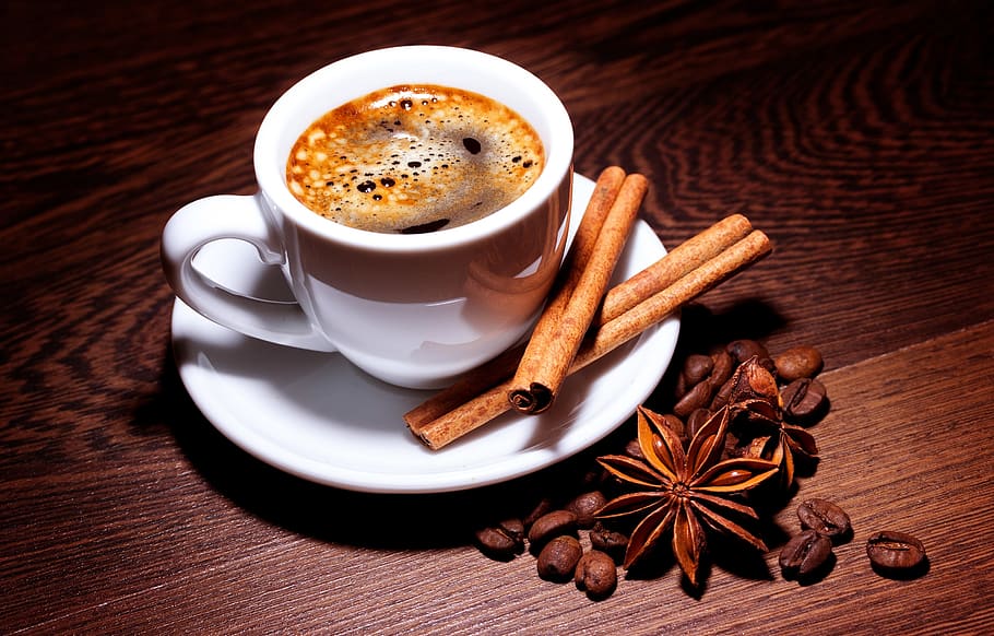 coffee, teacup, mug, grains, cinnamon, anise, star, cafe, cappuccino, latte