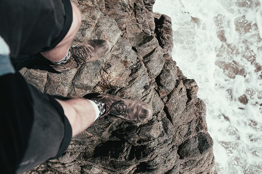 feet, seawater, background, Adventure, Boots, Clouds, Coast, Edge, Hanging, Mountain