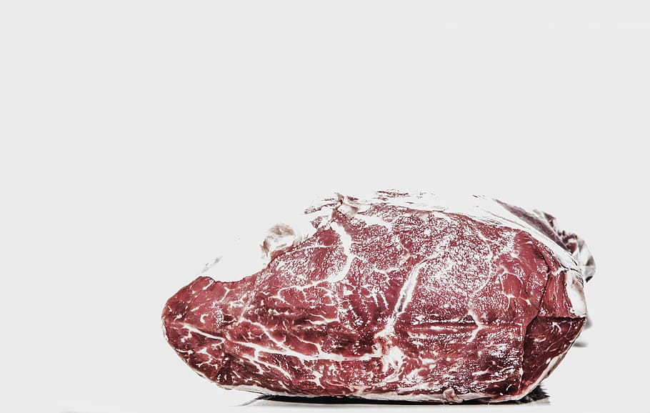 red, raw meat, beef, ingredient, ingredients, meat, raw, red, steak, studio shot, white background