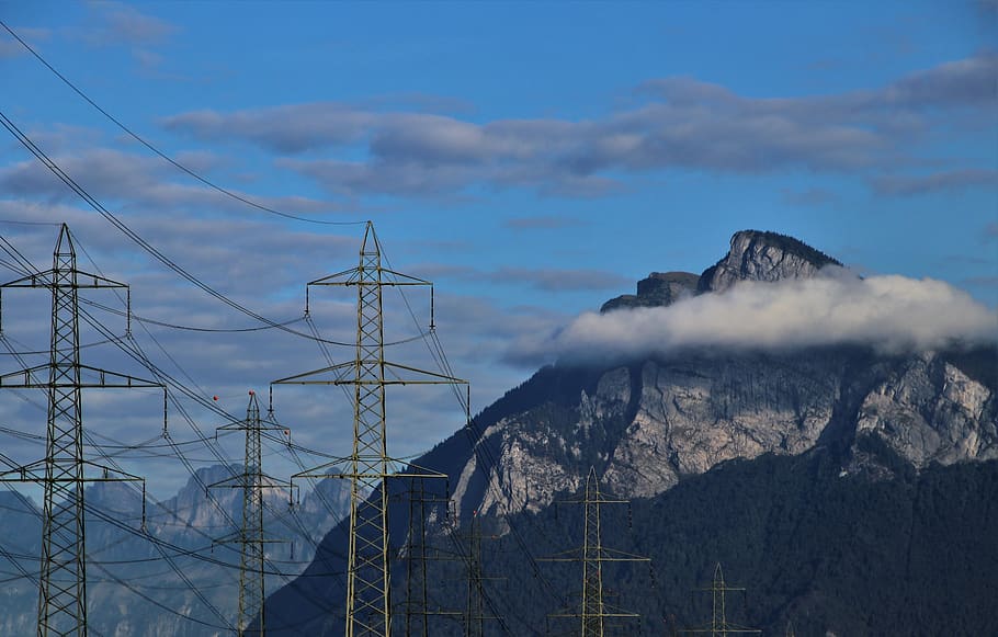 line high, electric cables, the combination of, the alps, wire, towers, electrification of, current, sky, energy