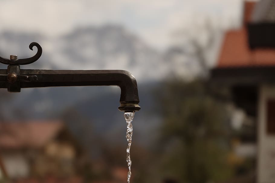 water, drinking water, mountains, liquid, fountain, water jet, focus on foreground, faucet, metal, close-up