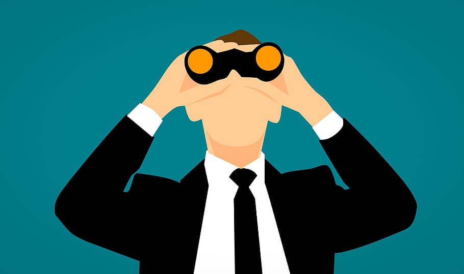 illustration, businessman, looking, binoculars., observe, monitoring, spy, search, job, security