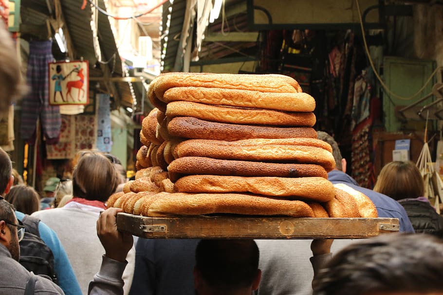 bread, man, carry, market, bazaar, jerusalem, food, food and drink, retail, for sale