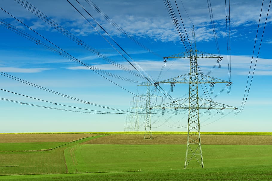 energy, strommast, electricity, high voltage, pylon, landscape, fields, power lines, technology, blue