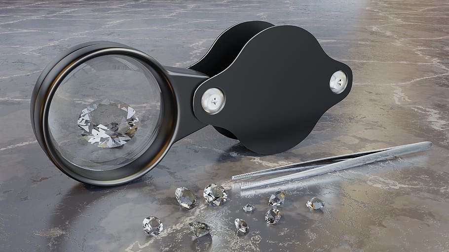 magnifying glass, diamonds, tweezers, jeweler, carat, 3d, blender, high angle view, close-up, metal