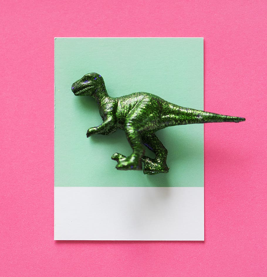 background, card, dinosaur, figure, fun, green, joy, little, metallic, mini