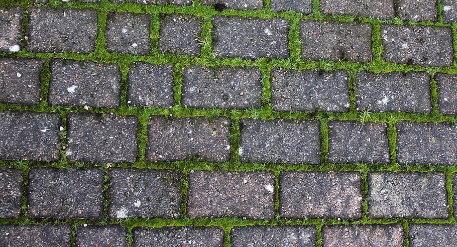 driveway, brick, stone, grass, moss, weeds, cobbled, ground, surface, backdrop