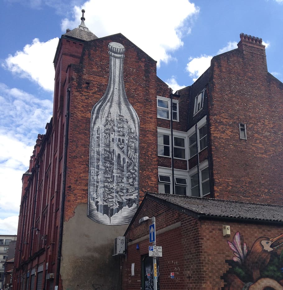 giant mural, side, office conversion, new, cross, manchester., bottle, city, mural, street art