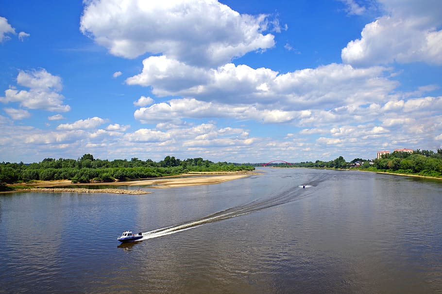 river, wisla, motorboats, sky, clouds, summer, bridge, motor boats, puławy, cloud - sky