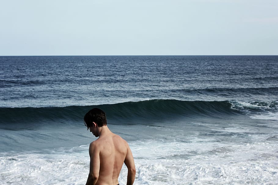 waves, ocean, sea, beach, people, hunk, muscle, vacation, shirtless, horizon over water