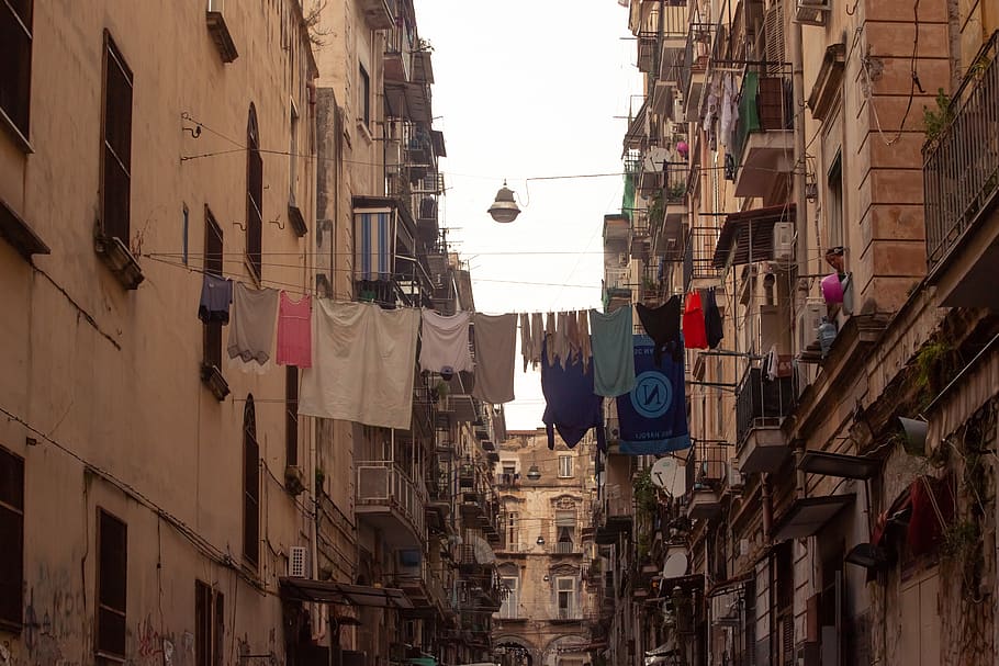 bangunan, kota, ruang kota, Perkotaan, Napoli, Italia, jalan, pakaian, cucian, gantung