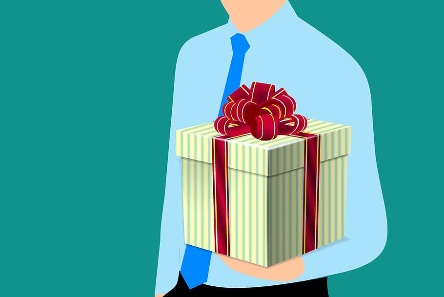 illustration, man, holding, gift box, wrapped., gift, giving, person, creativity, horizontal