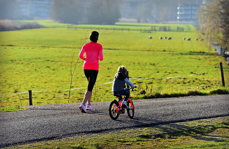 woman, child, mother, parent, jogging, bike, bike ride, together, togetherness, family