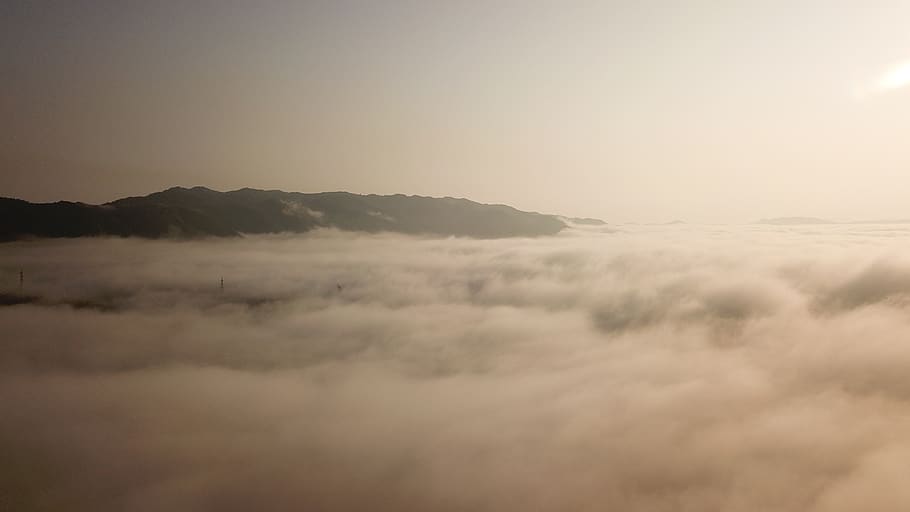 dense fog, asahi, drone, aerial view, sky, scenics - nature, beauty in nature, mountain, fog, environment