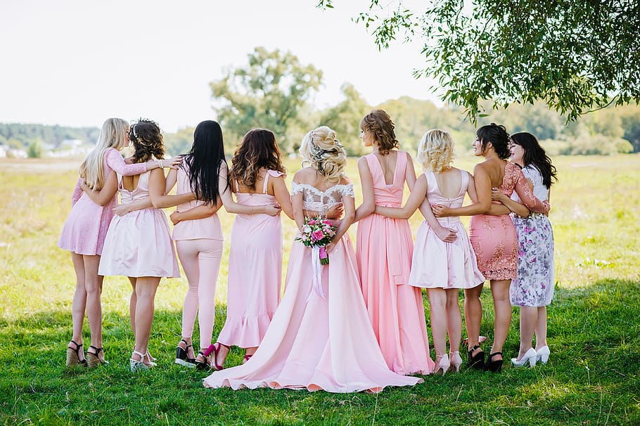 woman, bridal party, lineup, wedding, bride, bridesmaids, dresses, field, women, group of people