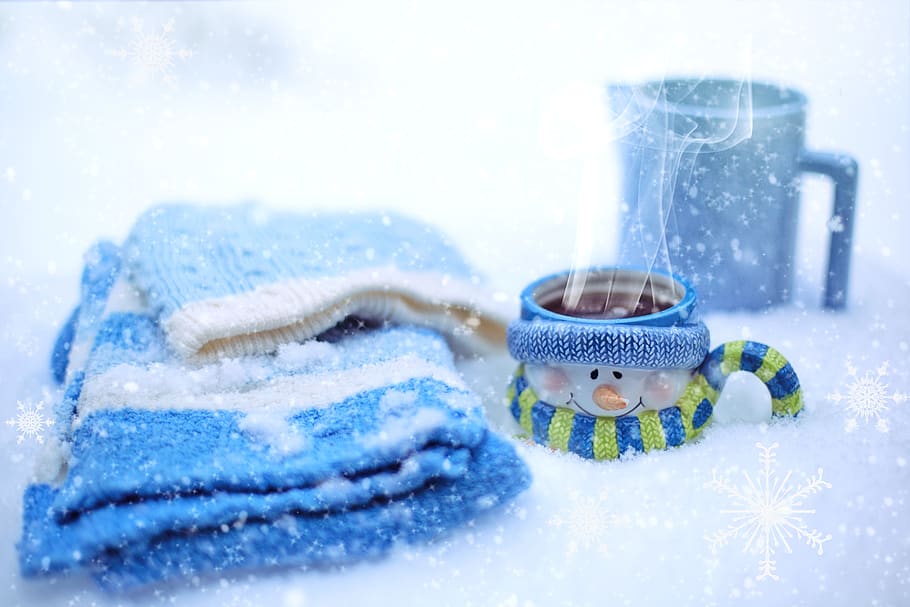 winter, snowy, snow, coffee, mug, scarf, hat, cold, wintry, nature