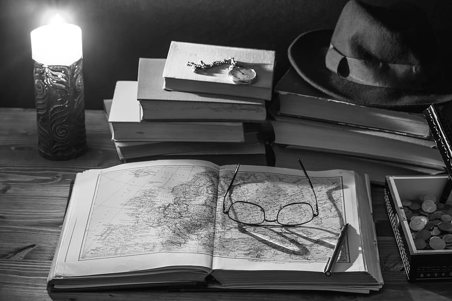caderno, livros, livros antigos, óculos, vela, livro, retrô, vintage, fotos, foto