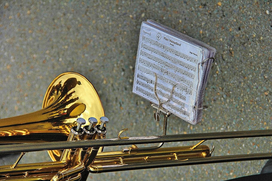 musical instrument, instrument, music, wind instrument, trombone, brass band, musician, band, gold colored, metal