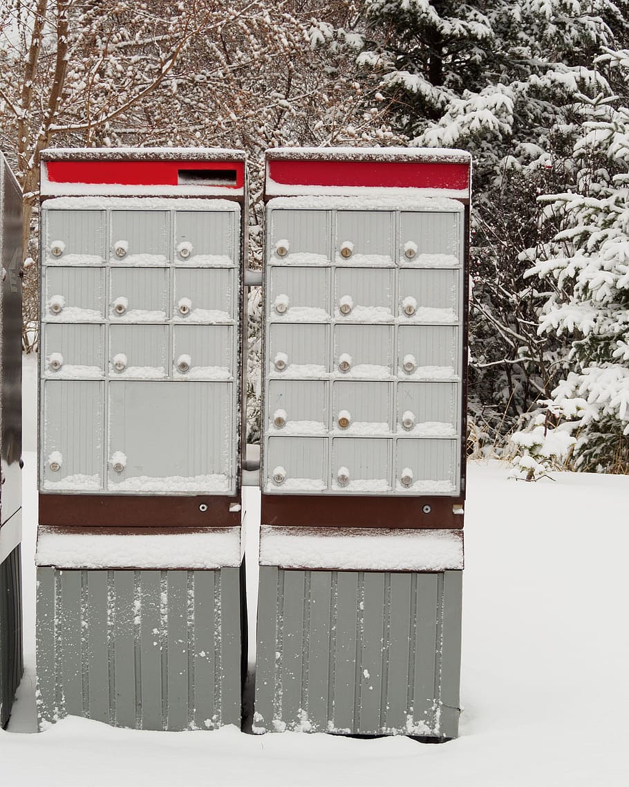 buzones de correo de la comunidad, invierno, buzón, correo, canadiense, canadá, comunicación, sobre, todos los días, nieve