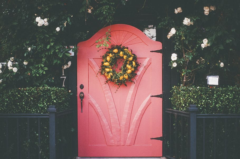 pink, red, door, wreath, flowers, plants, bushes, railing, entrance, house
